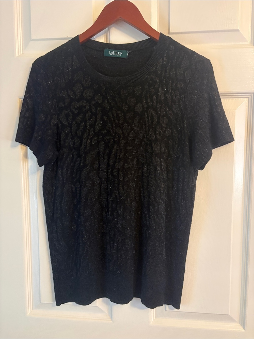 Lauren Ralph Lauren Black Leopard-Texture Short Sleeve Sweater Top, size large